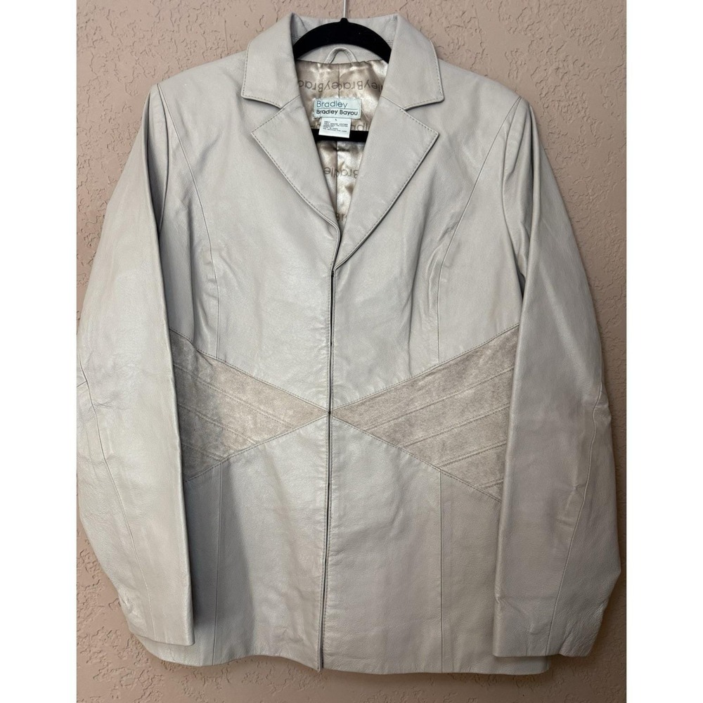 Bradley Bayou Women's VTG Beige Leather Lined Jacket Coat W Suede Paneling Sz L